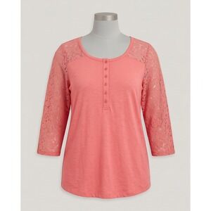 Torrid 0 Salmon Coral Lace Henley 3/4 Sleeve Top Large Plus Size ‎ Romantic Boho